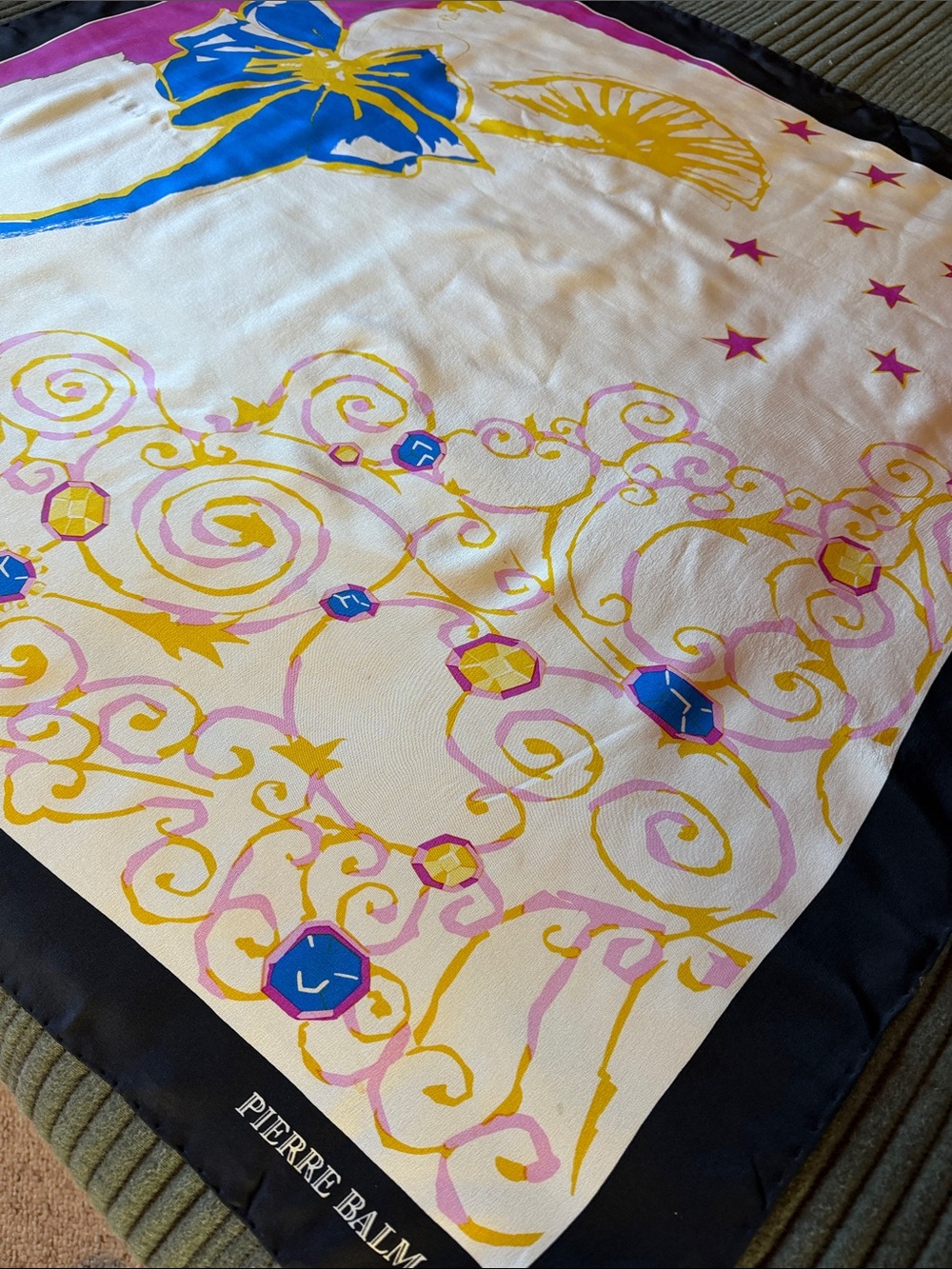 Gorgeous VintagePierre Balmain Cream Scarf with Blue, Yellow & Pink Floral Motif